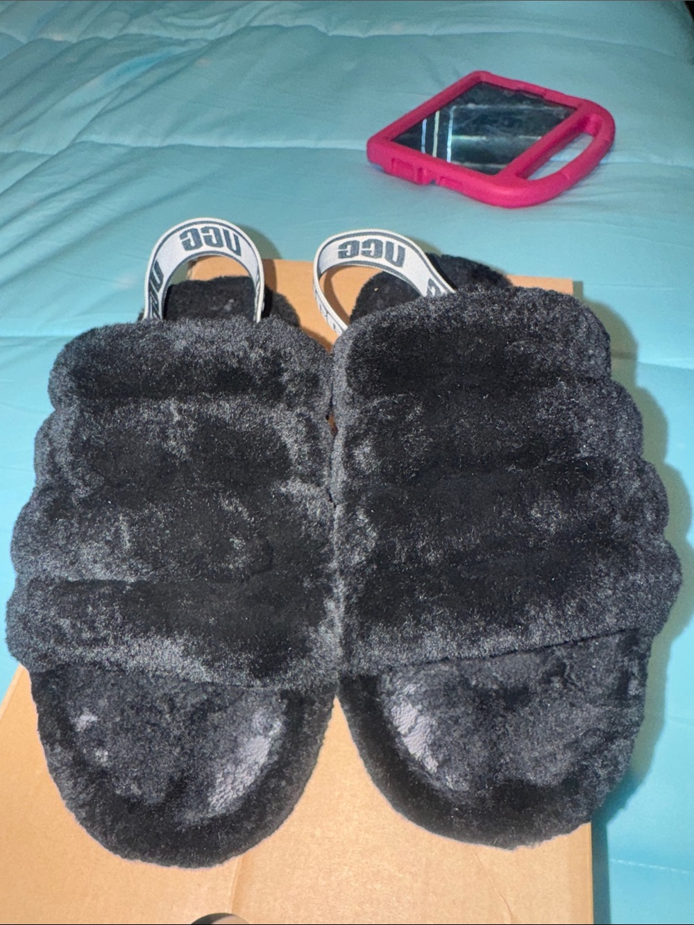 UGG Black Plush Faux-Fur Slide Sandals with Branded Heel Strap